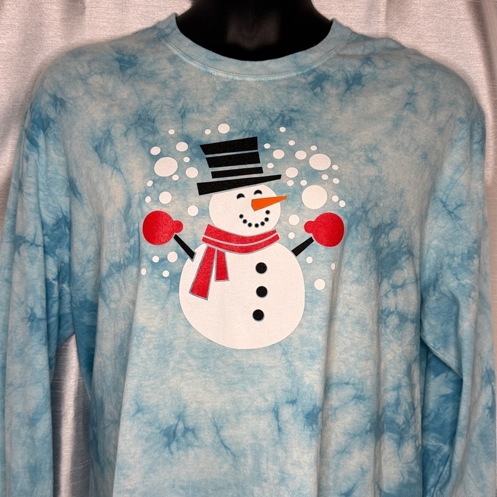 Snowman Tie Dye Long Sleeve T Shirt Adult XL Light Blue Crystal Wash Port & Co